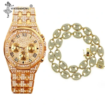 

Iced Out CZ Gold Color Coffee Bean Pig Nose Alloy Rhinestone Necklace & Watch Combite Set Charm Link Chain For Men Jewelry 2020