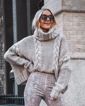 

2019 New Arrival Winter Women New Blended Knitted Turtleneck Solid Sweater Tops Female Pullover Loose Casual Warm Sweater