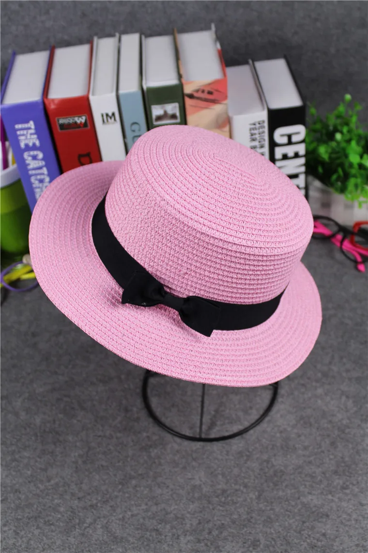 Simple Summer Adult Beach Sun Hat Female Casual Panama Hat Lady Brand Women Flat brim Bowknot Straw Cap Glris Sun Hat - Цвет: Pink