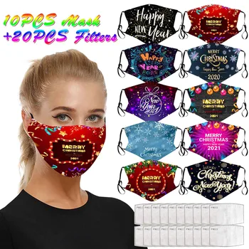 

10pcs Christmas Face Mouth Mask with 20pc filters For Adult Happy New Years Print Маска Adjustable Mouth Cover Masks Mascarillas