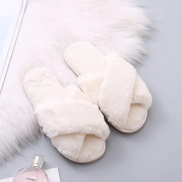 Warm Fluffy Slippers Women Cozy Faux Fur Cross Indoor Floor Slides Flat Soft Furry Shoes Ladies Female Celebrities Flip Flops Beige