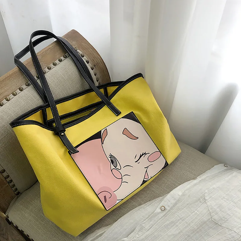 

2019 Fashion Handbag Women PU Leather Shoulder Bag Casual Large Capacity Top-Handle Bucket Bag Cartoon Simple Style Totes