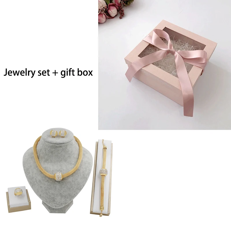 Jewelry Sets and box Рождественские подарки Дубай ювелирные изделия золотые женские инкрустированные Свадебные Ювелирные наборы ожерелье серьги кольцо браслет - Окраска металла: Jewelry Sets and box