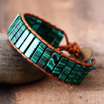 Fashion Bracelets Tube Synthetic Malachite Stonse Single Leather Wrap Bracelet Beaded Couples Bracelet Bestfriend Gifts