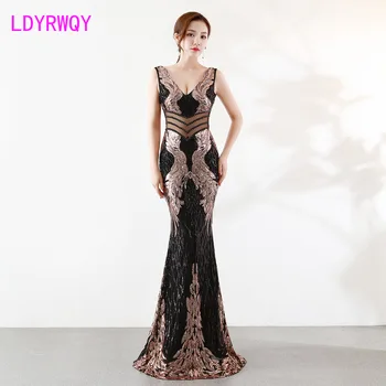 

2019 female deep V sexy ladies party sequins slim long dress Floor-Length Regular Zippers Sleeveless Solid Sheath