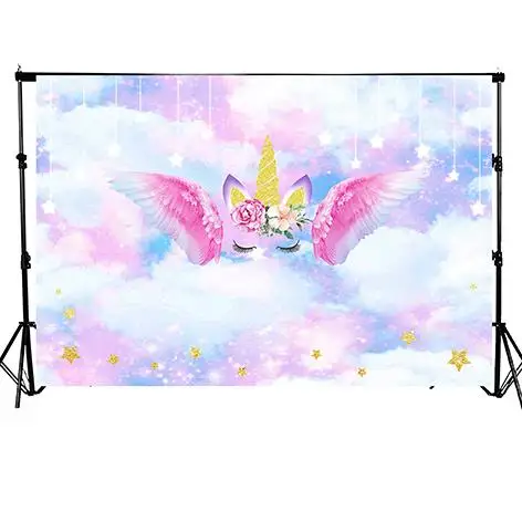 Floral Unicorn Backdrop Dreamy Sky And Cloud Gold Star Background Newborn Baby Shower Birthday Party Photo Booth Props W-3475 |