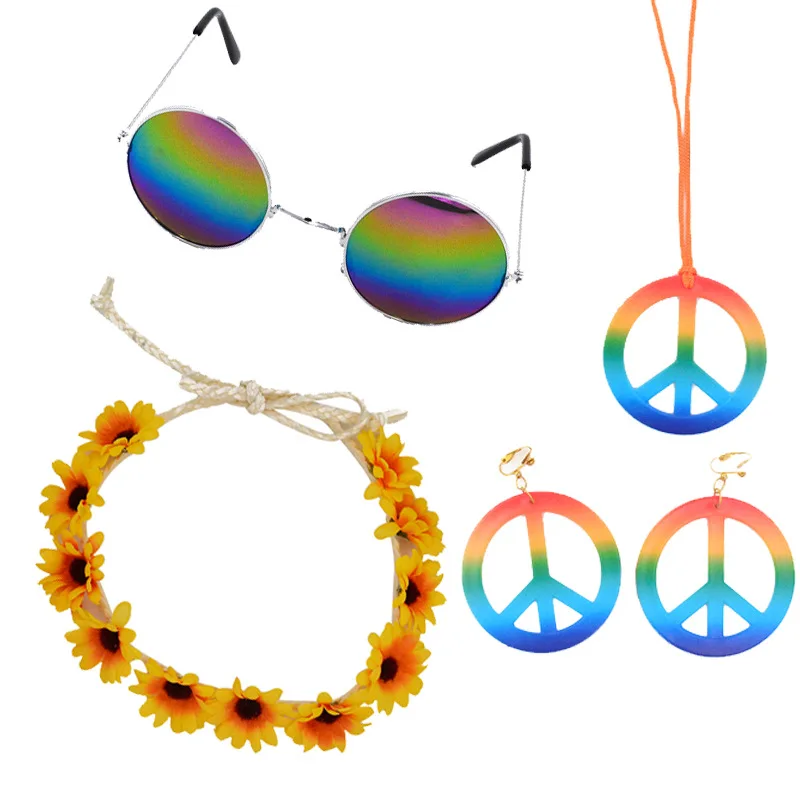 Beach party cosplay Hippie Headband Peace Sign Earring Peace Necklace Fancy Cosplay Costume Party Props Hippy Accessories child adults cow milk horn ear headband animal cosplay costume hair band birthday party props gift wedding baby shower