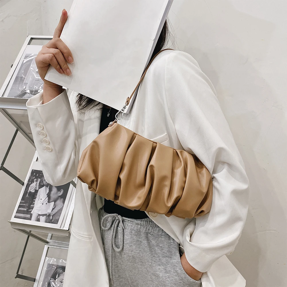 Casual Solid Leather Cloud Underarm Handbags Female Daily Pleated Shoulder Bags Fashion Exquisite Shopping Bag