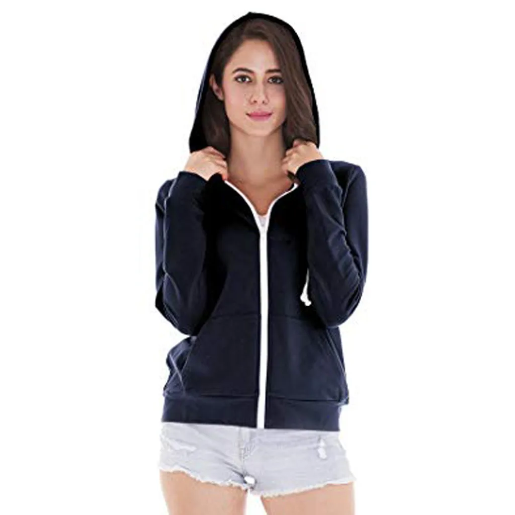 

Spring Women Basic Jacket Pocket Zipper Hooded Solid Outwear Active Pockets Casual Regular Sport Loose Coat Windbreaker Female
