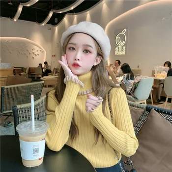 

Turtleneck Sweater Women Patchwork Ruffles Knit Pullovers 2020 Fashion Autumn Slim Elastic Basic Sweater Jumper Winter Clothes