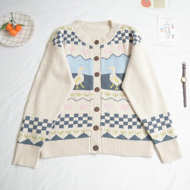 New Women Girl Cartoon Duck Jacquard Cardigan Japanese Mori Long Sleeve Loose Knitted Sweater Coat Female OUtwear |