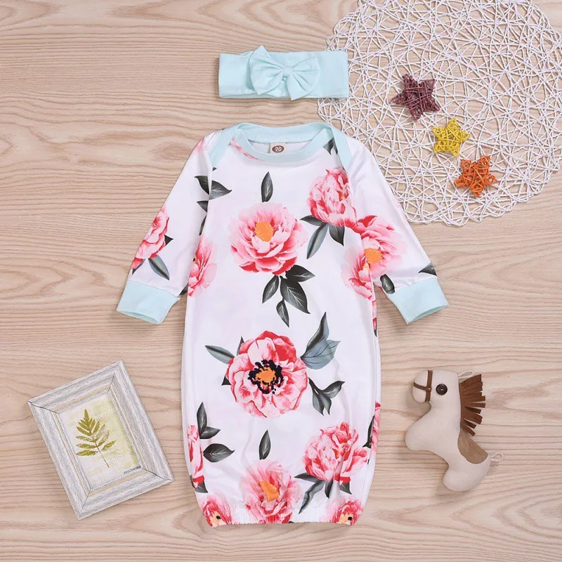 Newborn Baby Soft Set 0-1T Cute Flower Printing Blankets Swaddling Infant Sleeping Bag And Headband Set