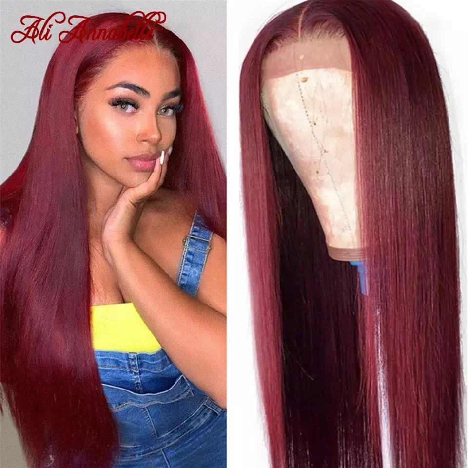 Sale Wig 99J Closure Human-Hair Ali-Annabelle Burgundy Straight Preplucked 4x4 GmJ9jjL18