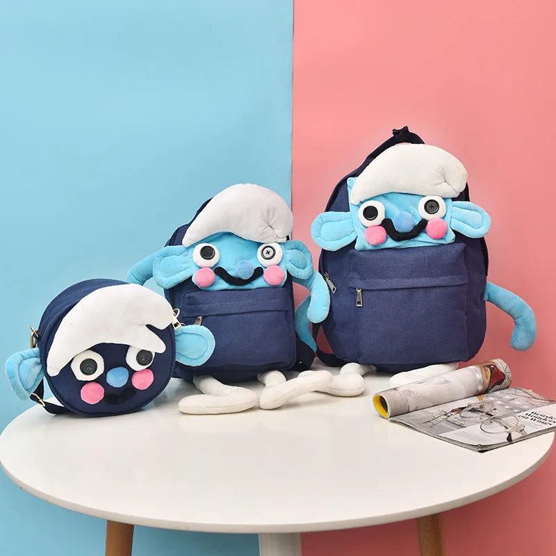 

Cartoon Korean-style Smurfs Backpack Canvas Primary School STUDENT'S School Bag Grimace Hand Shoulder Parent And Child Combinati