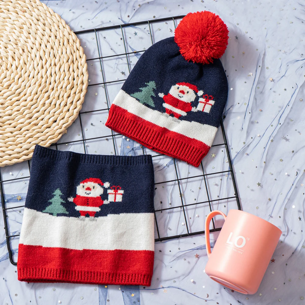 Soft Knitting Scarf and Hat Set Christmas Neck Scarf Winter Hat Keep Warm Neck Warmer for Children Boys Girls(Black