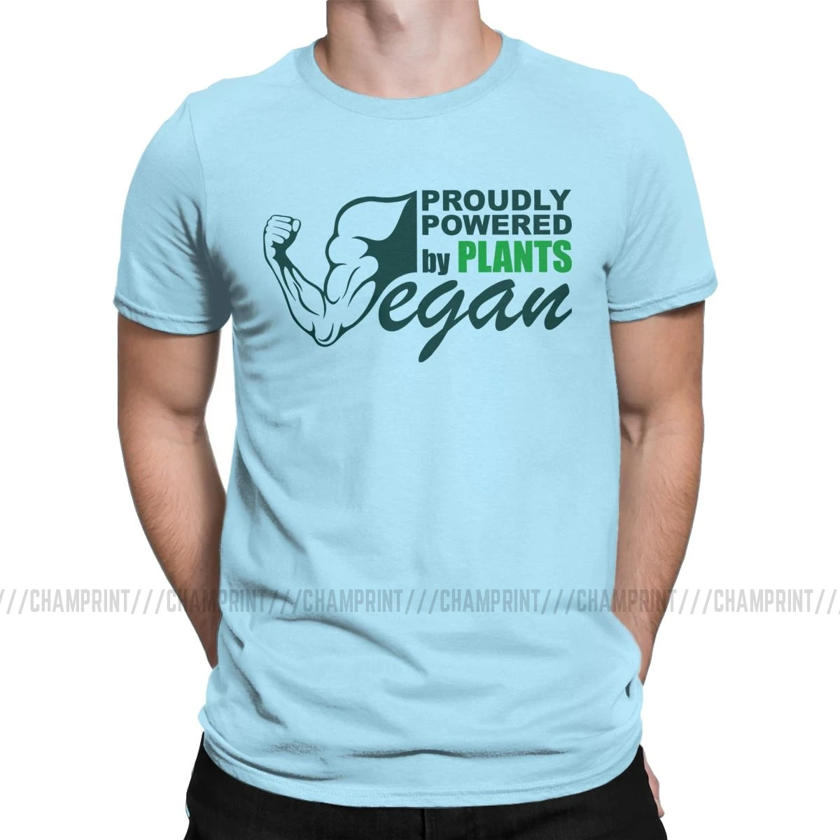 Мужская футболка Vegan Proudly Powered By Plants, забавная хлопковая футболка с коротким рукавом, Вегетарианская футболка для мужчин размера плюс, топы, идея подарка - Цвет: Небесно-голубой