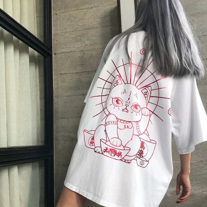 Футболки Harajuku Для женщин Свободные Забавный Lucky Cat Печатные хлопок летний футболки эстетическое уличная большеразмерная футболка принтовые тройники