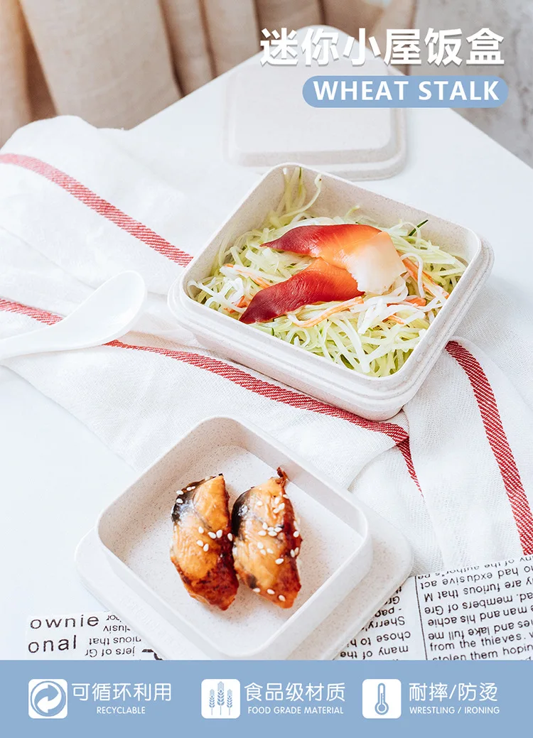 Japanese Style Square Wheat Material Students Lunch Box CHILDREN'S Cartoon Seperated Three Grid Container Wheat Lunch Box Can Be
