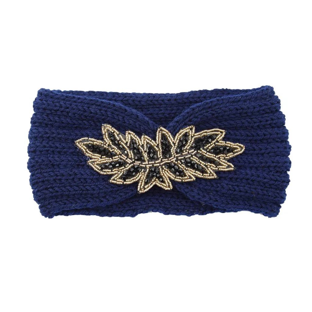 Dark Blue Зимняя теплая вязаная повязка на голову с ушками тюрбан для женщин вязанный крючком бант широкая эластичная повязка для головы Стразы повязка на голову аксессуары для волос# A - Цвет: Dark Blue
