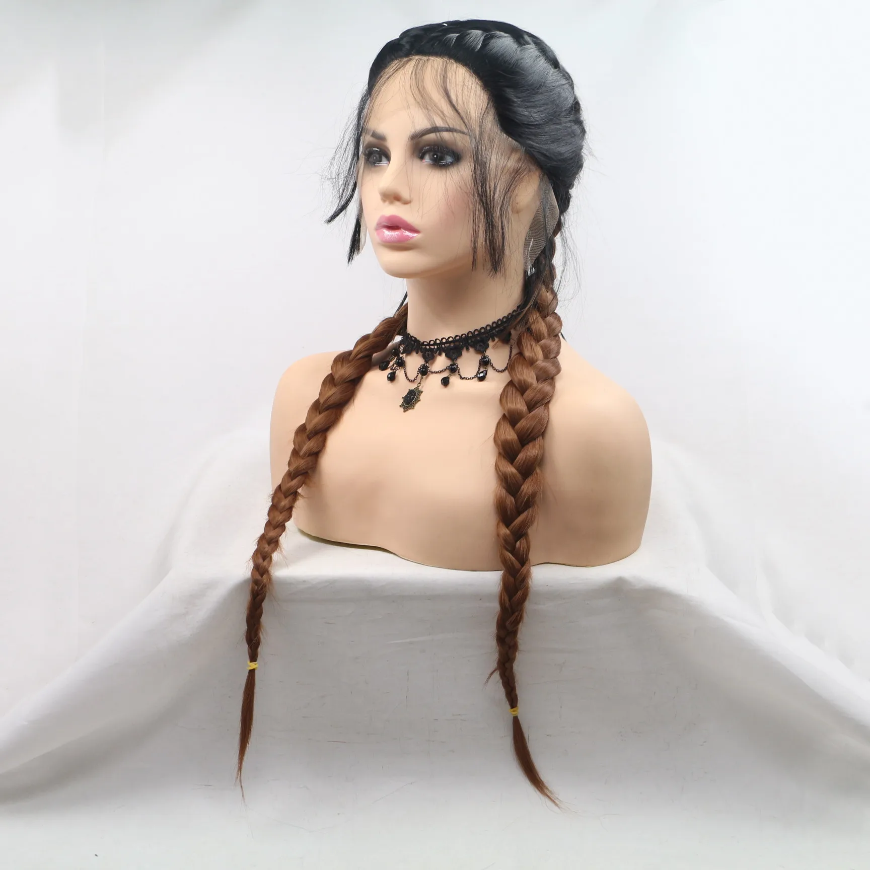 Braided Lace Front Wigs Ombre Braid Black Synthetic Wig Blonde 2 Braids Highlight Big Braiding Ponytail Baby Hair For Women Braided Lace Front Wigs Ombre Braid Black Synthetic Wig Blonde 2 Braids Highlight Big Braiding Ponytail Baby Hair For Women