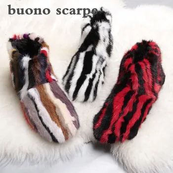 

New striped color matching mink fur winter boots