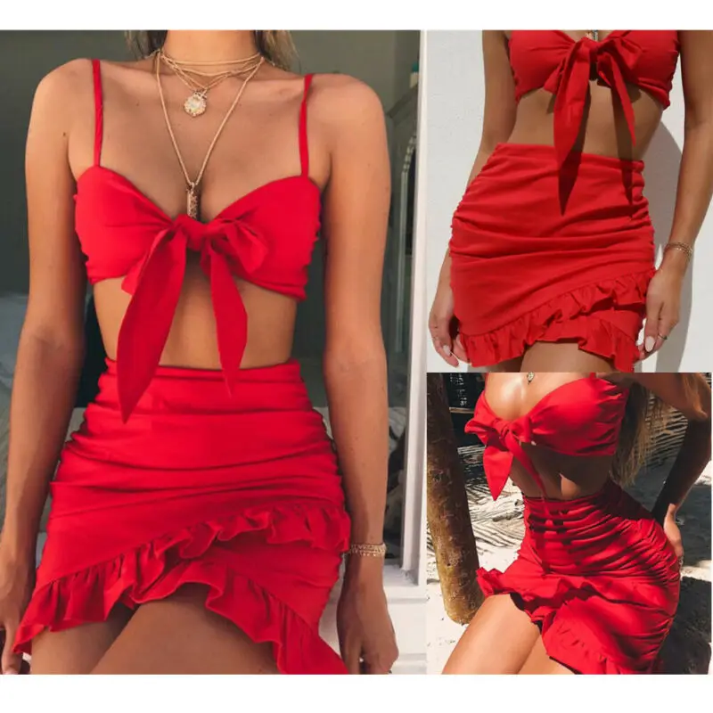 

2020 Two Piecec Set Women Summer Dress Sleeveless V Neck Bodycon Crop Tops Mini Skirts 2PCS Sets Ladies Beach Dress