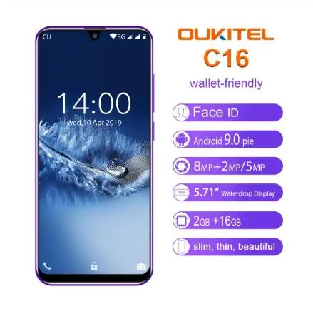 Смартфон OUKITEL C16 5,71 ''19:9 водонепроницаемый экран Android 9,0 2 Гб 16 Гб отпечаток пальца лица ID 2600 мАч Quad Dual 4G мобильный телефон