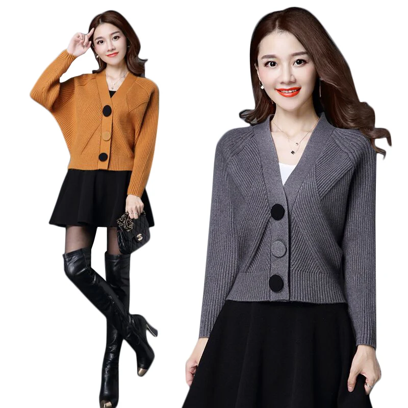 Spring Autumn Women Short Knit Sweaters Cardigans Female Korean Loose Solid Color V-Neck Sweater Ladies Knitwear Coat Topos 2104 |