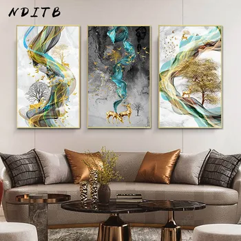 

Abstract Golden Deer Lind Drawing Painting Minimalist Canvas Art Poster Print Modern Wall Picture Living Room Corridor Decor