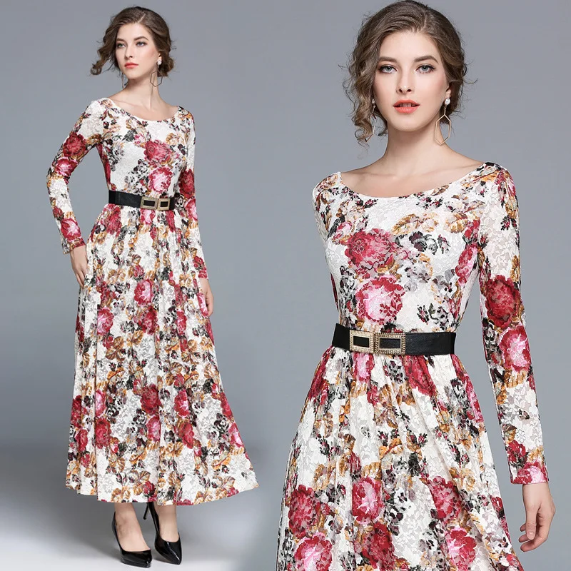 

Photo Shoot 2018 New Style Ozhouzhan WOMEN'S Dress Long Sleeve European Goods Fashion Lace Long Skirts Fashion Dress