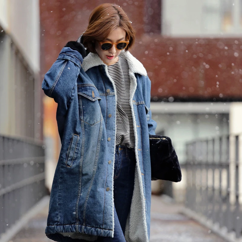 SISPELL Patchwork Lambswool Denim Coats For Women Lapel Collar Long Sleeve Warm Thick Jackets Female Clothing Fashion Tide