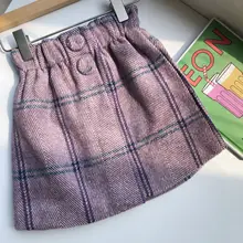 Г., фиолетовая шерстяная клетчатая Короткая юбка для девочек Повседневная Асимметричная юбка с пуговицами для маленьких детей модная детская одежда