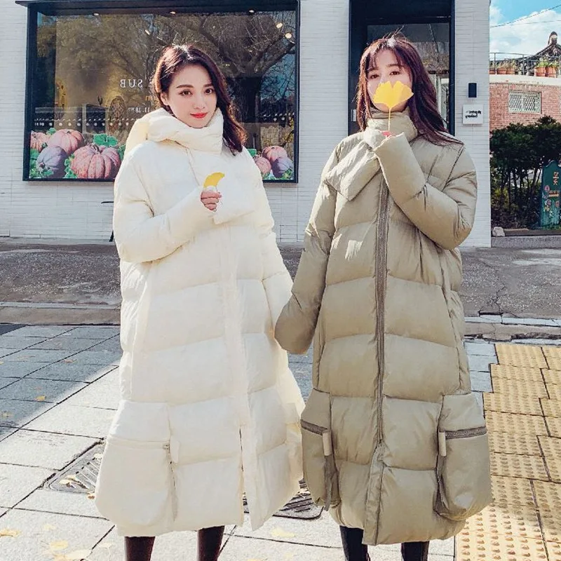 

Photo Shoot INS Cute Scarf Long Crew Neck Large Pocket A- line down Coat Ladies' Best Friend Thick Cotton Overcoat Winter