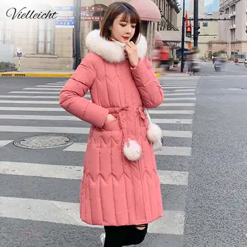 

Vielleicht 2019 Winter Jacket Women Hooded With Fur Collar Ladies Winter Coat Warm 6 Colors Female Parkas Long With Fur Balls