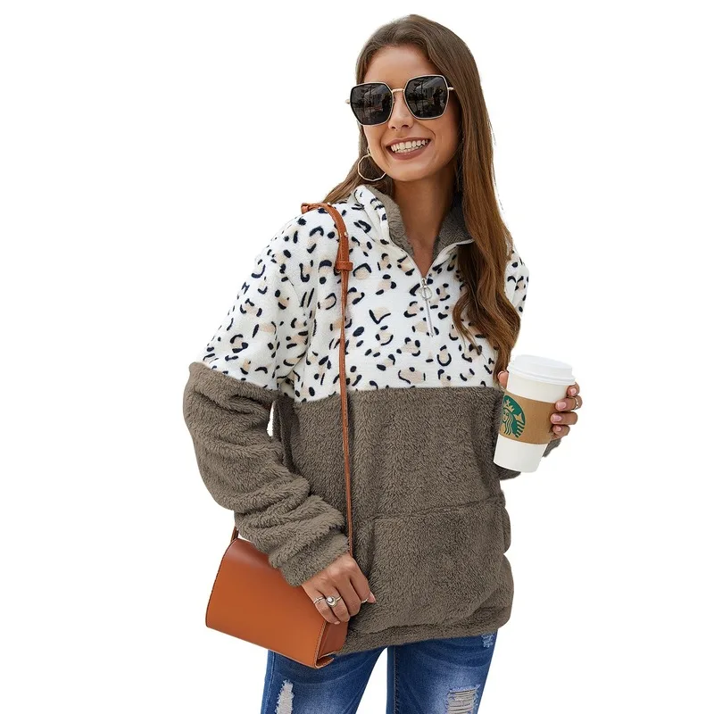 Women Fleece Sweatshirt Winter Casual Leopard Faux Fur Patchwork Fluffly Female Hoodies Warm Turtleneck Zipper Tops