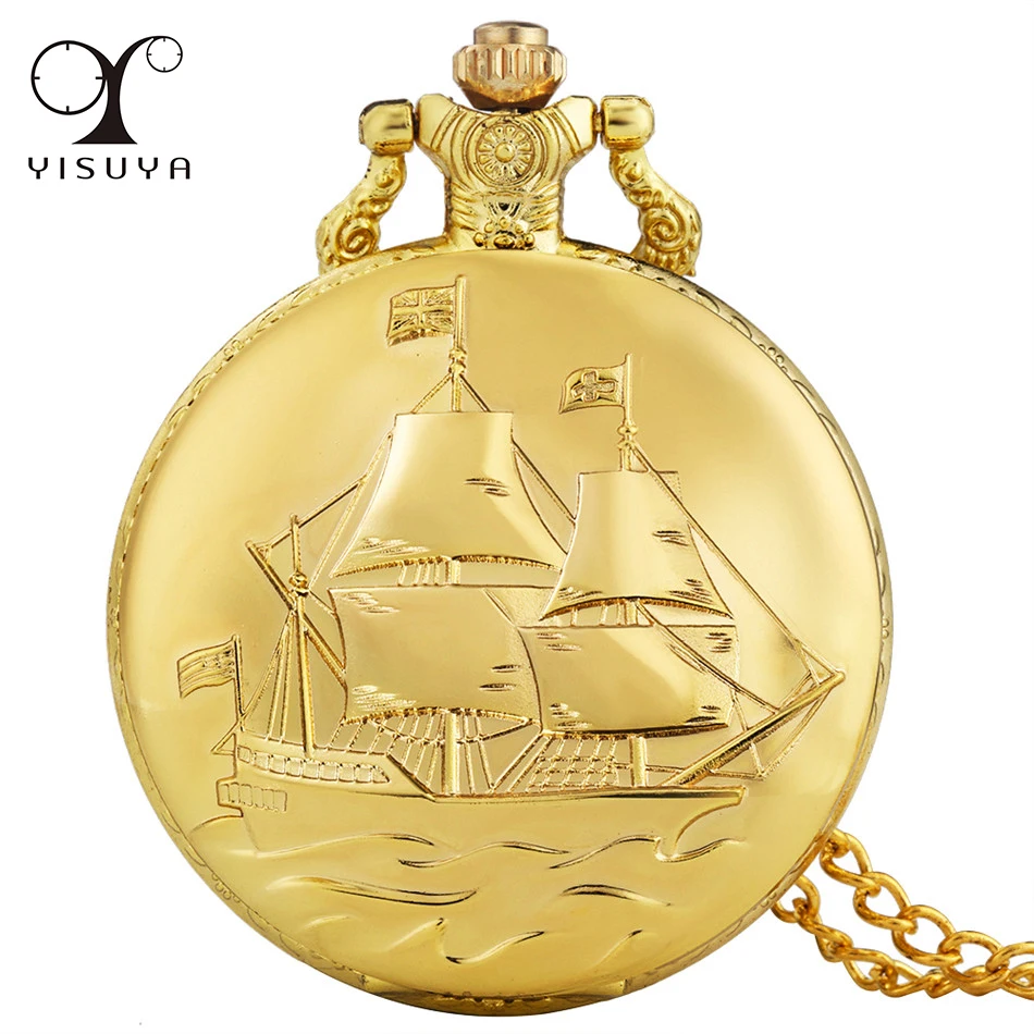 Роскошные золотые дизайнерские кварцевые карманные часы с парусной лодкой