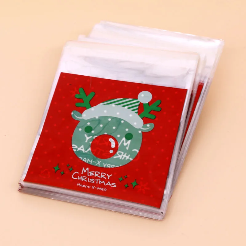 

10*10+3cm 100pcs red Christmas Elk Gifts Wedding Cookie Packaging Self-adhesive Plastic Bags For Biscuits Candy jewelry Package