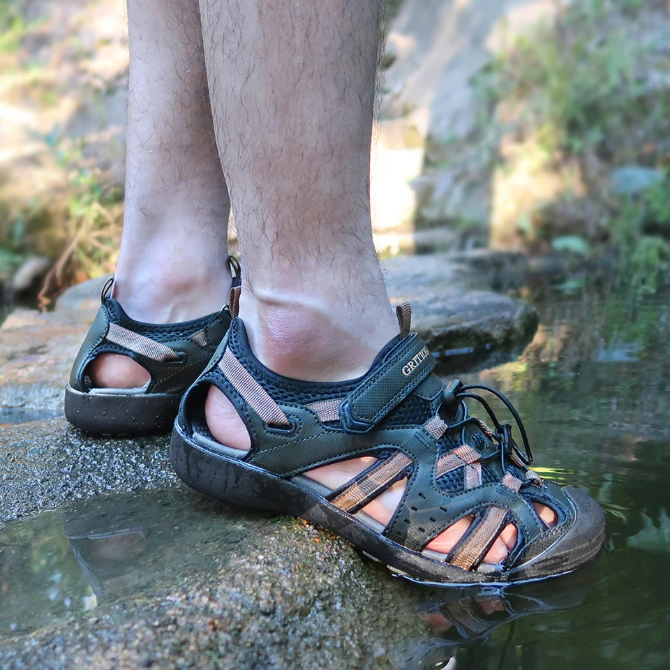 GRITION Men Sandals Fashion Beach Trekking Shoes Breathable Non-Slip Quick Drying Summer Male Clogs PU Leather 40-46