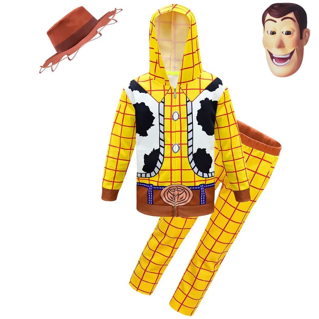 set and mask hat Детский карнавальный костюм для мальчиков «История игрушек», толстовка с капюшоном и длинными рукавами с изображением Вуди, комплект с длинными штанами для мальчиков, костюм Вуди для косплея на Хэллоуин - Цвет: set and mask hat