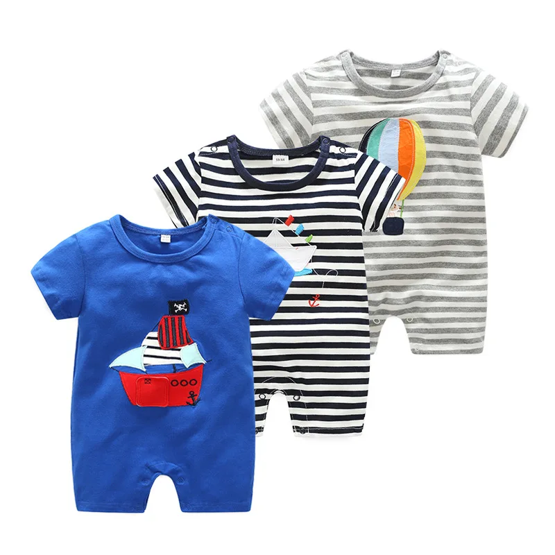 

2019 Summer Wear New Style Male Baby Infants Romper Small Sailboat Blue And Gray Stripe Pure Cotton Short Sleeve Onesie