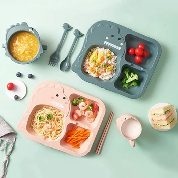 

6pcs Wheat Straw Baby Cartoon Tableware Set Children's Dishes Kids Dinner Baby Feeding Plate Training Bowl Spoon Fork Tablewares