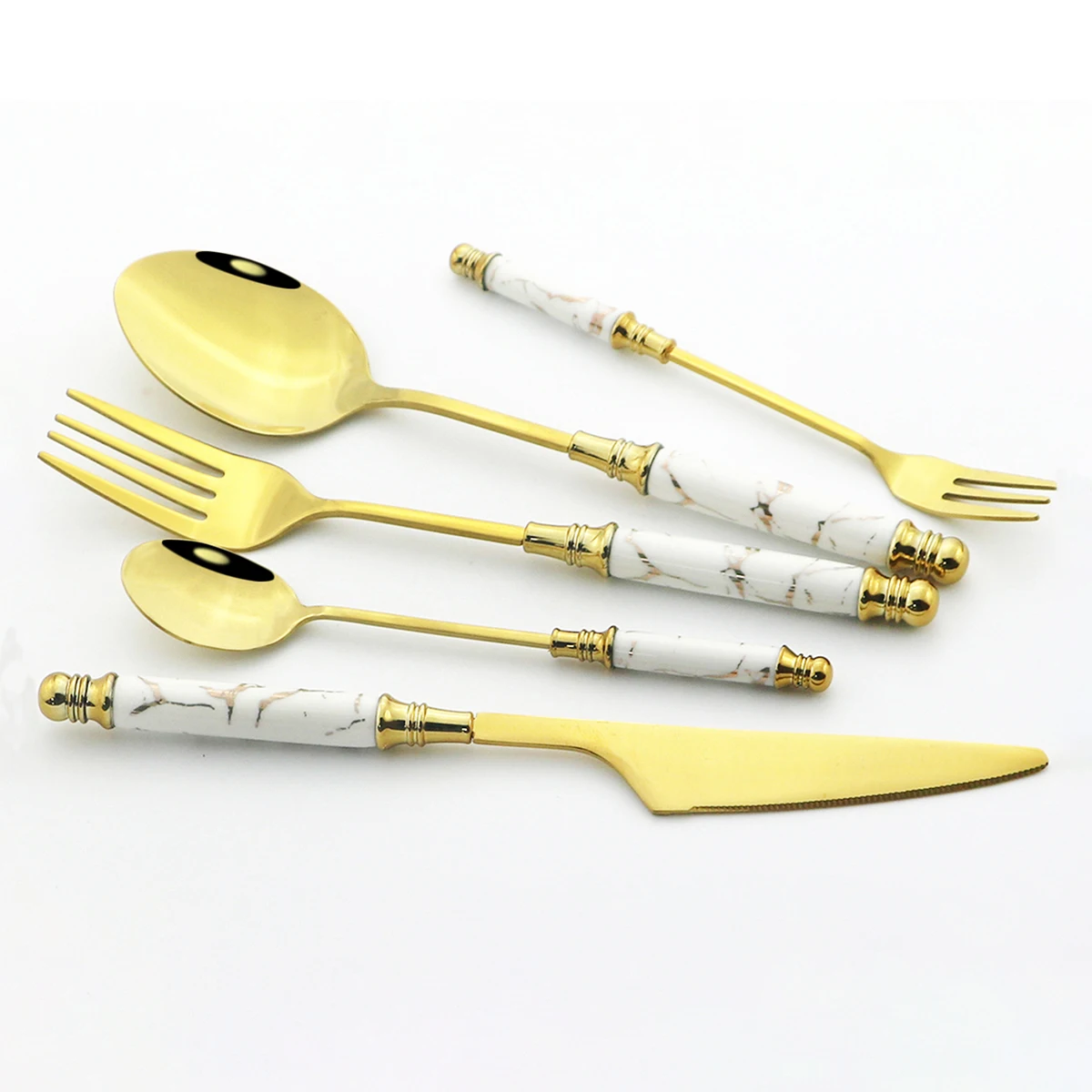 Ceramic Handle Dinner Tableware Set Stainless Steel Cutlery Set Gold