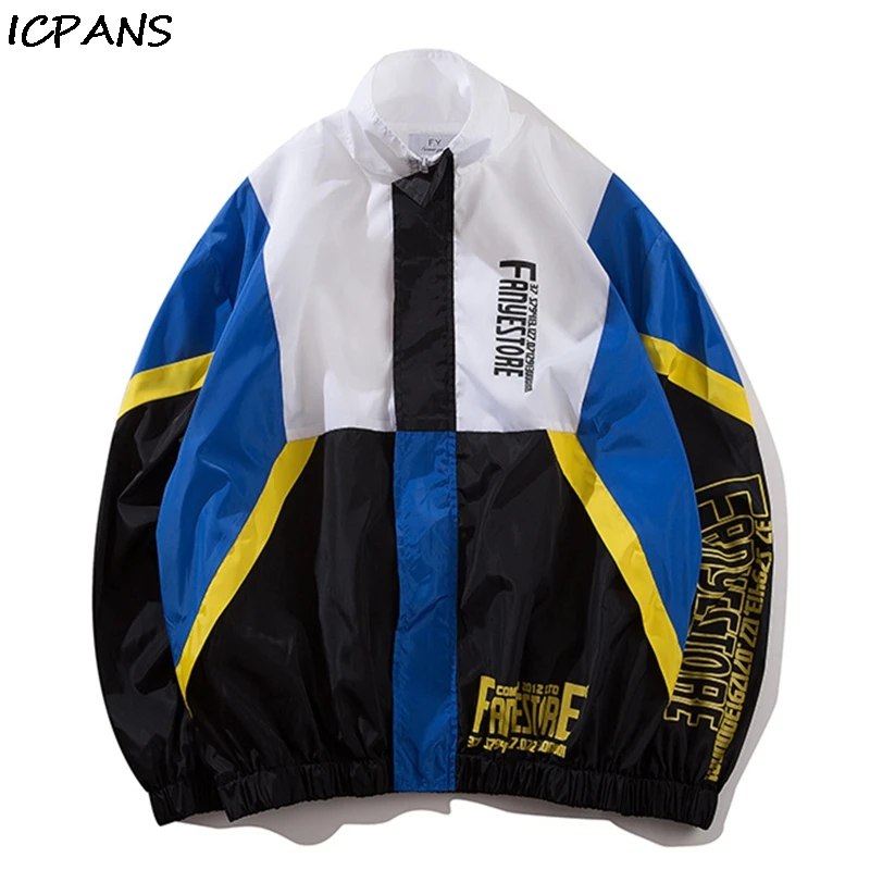 

ICPANS Track Jacket Windbreaker Oversized Retro Vintage Streetwear Men Hip Hop Jacket Coat Patchwork Harajuku 2019 Autumn