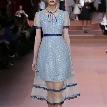 

SEQINYY Sweet Dress 2020 Summer Spring New Fashion Design Women Short Sleeve Mesh Flowers Print Lace Dress Knee Runway