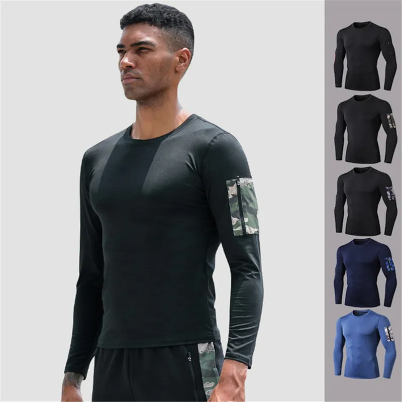 

Men Gym Shirts Long Sleeve Shirt Fitness Crossfit Tops Quick Dry Running Hiking Cycling Compression Top Sportwear with Pocket