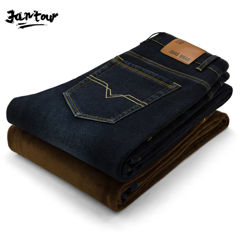 

Winter Men's Warm Fleece Jeans Stretch Casual Straight Thick Denim Flannel Jeans Soft Flocking Pant Trousers Pantalones 28-38