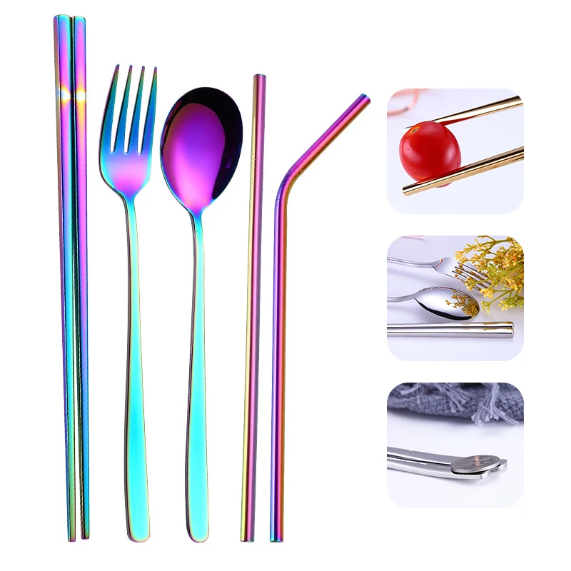 

304 stainless Cutlery Set Creative Spoon Chopsticks Set Straw Tableware set Colorful Kitchen Tableware Silverware Sets