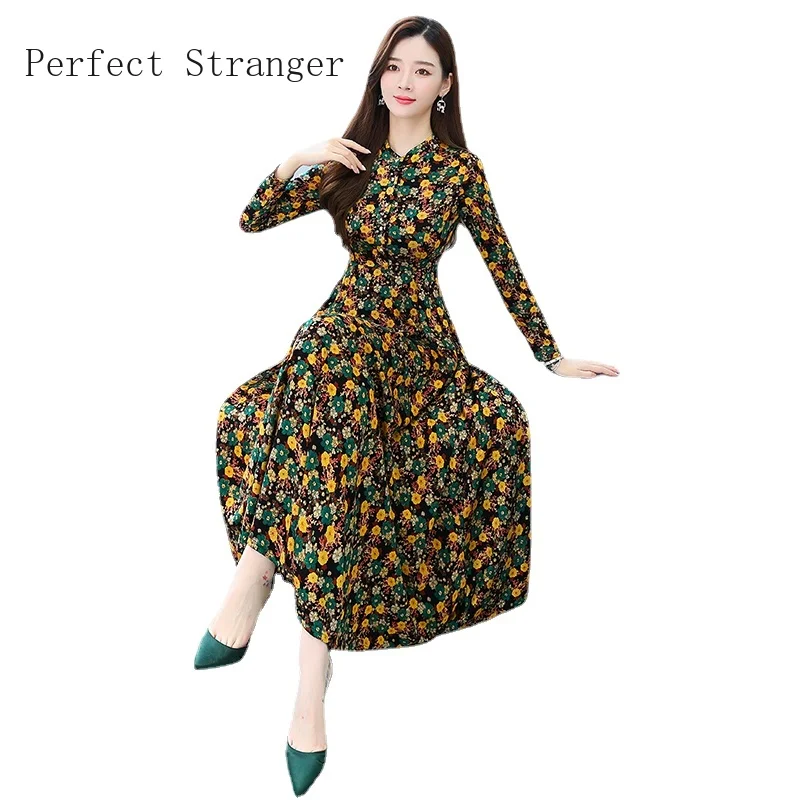 2021 Autumn New Arrival Hot Sale Stand Collar Flower Printed Long Sleeve Knitting Cotton A-LINE Mid-Calf Long Dress