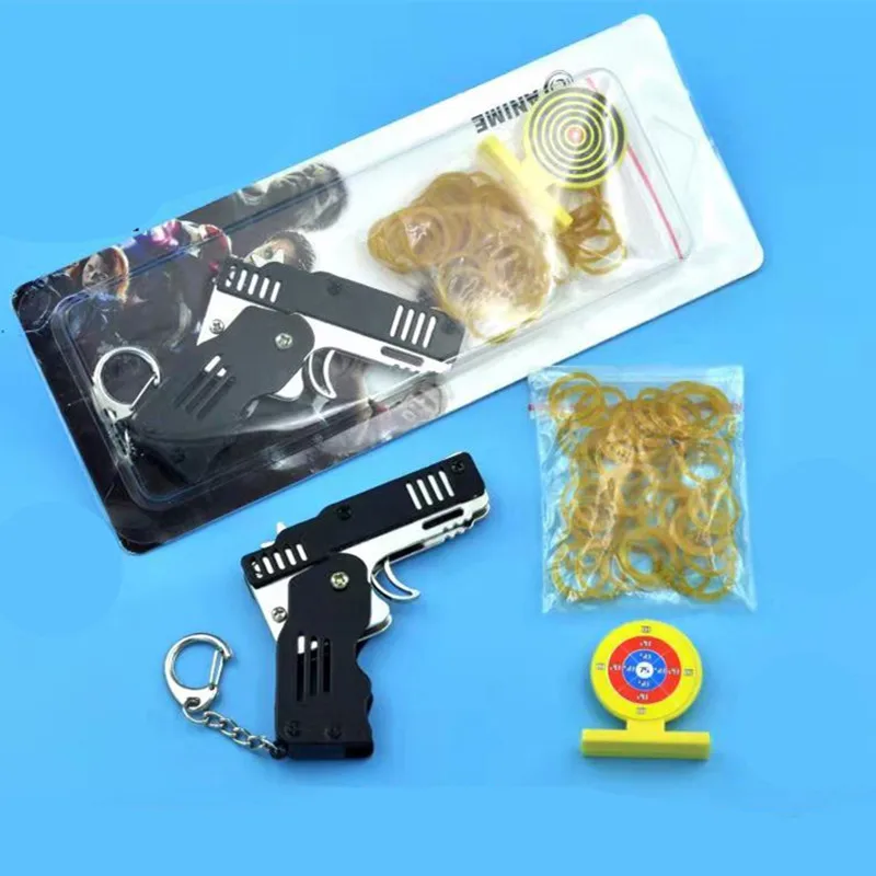 Красочный металлический мини может быть сложен как брелок пистолет с резиновой лентой детская Подарочная игрушка шесть всплесков резиновой игрушки пистолет