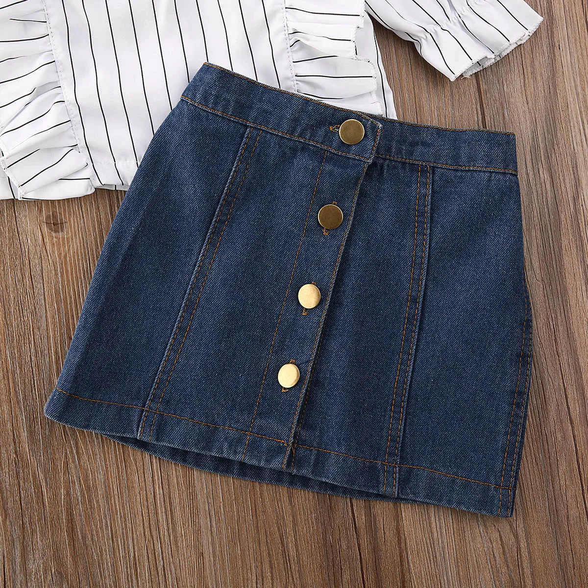 Новая детская футболка в полоску для маленьких девочек+ джинсовая юбка на пуговицах, комплект одежды